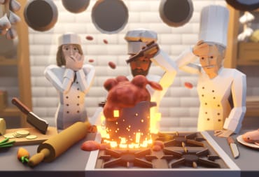 three chefs in a restaurant kitchen, one adds a sauce to a bubbling over pot on a stove with high flames, the other two stand beside them shocked
