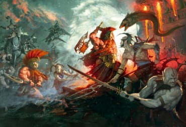 Artwork of an army of dwarves fighting off fishmen invaders.
