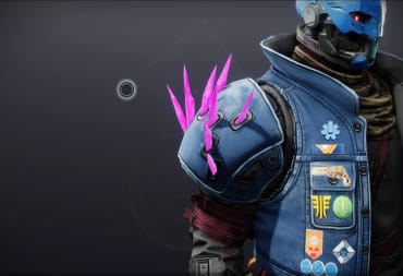 A robot wearing a denim jacket covered with pins and symbols from Bungie's history as a developer