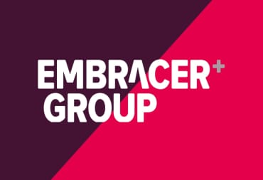 The company logo for Embracer Group on a stylized red and dark red background