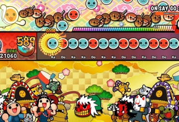 A screenshot of the manic rhythm game Taiko no Tatsujin in action