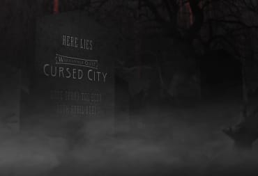 A tombstone showing the name of Warhammer Quest: The Cursed City, a hand is popping out of the dirt.