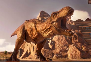 A T. rex roaring in Jurassic World Evolution 2