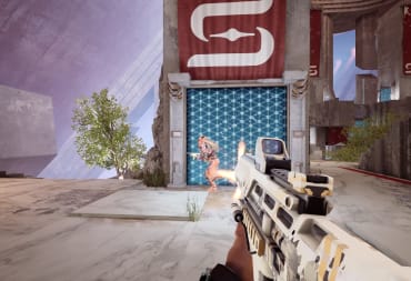 A player shooting at an opponent in the Splitgate Season 1 reworked Foregone Destruction map
