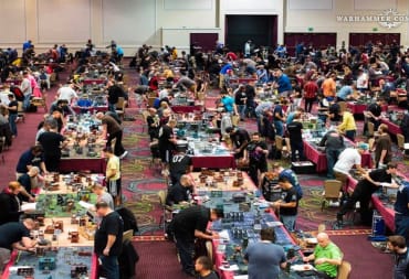 A group of game tables from the Warhammer Preview Online Las Vegas Open 2022