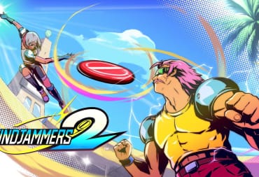 Two flying disc competitors square off in the key art for Windjammers 2.