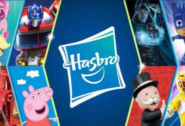 The Hasbro logo surrounded by franchise mascots from Magic, Transformers, Power Rangers, and Peppa Pig