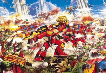Classic Warhammer 40k art of Space Marines fighting Orks