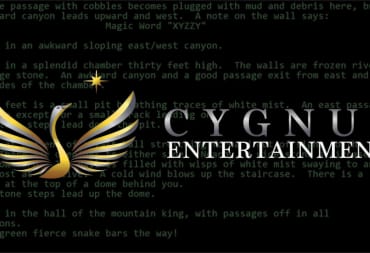 The Cygnus Entertainment logo overlaid on text from Colossal Cave Adventure