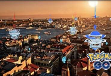 The Pokemon Go logo over a cityscape