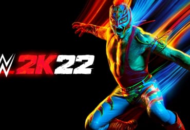 Rey Mysterio pops out of a neon-colored void in WWE 2K22's main cover art.