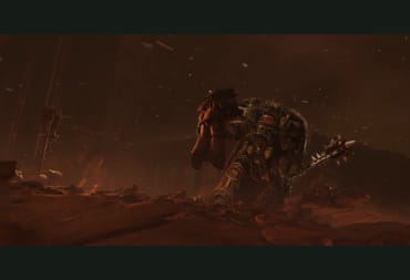 A screenshot of a Chaos Space Marine impaling a Space Marine on a battlefield
