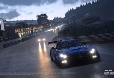 A car driving on the new 24-hour Spa-Francorchamps layout in Gran Turismo 7
