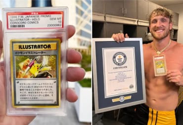 Logan Paul holding up a Pikachu card with a Guinness World Record Certificate