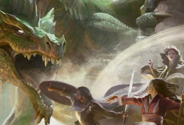 Artwork of an adventuring party facing a dragon.
