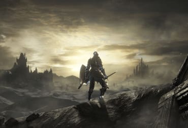 A knight standing over a desolate wasteland of destroyed cities at sunset