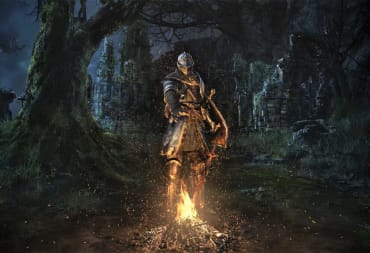 An undead knight in front of a bonfire