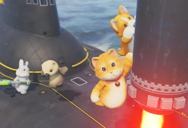 A cat clings to a rocket in Party Animals, with other animals also battling
