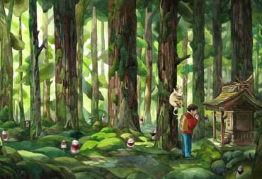 The key art for Spirittea, which depicts a young boy praying at a shrine with his cat companion