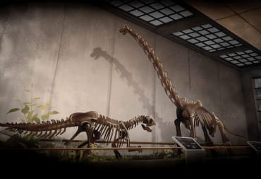 Two dinosaur skeleotons on display at a museum in Dinosaur Fossil Hunter