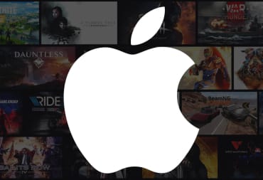 The Apple logo overlaid on games available on cloud gaming service Geforce Now