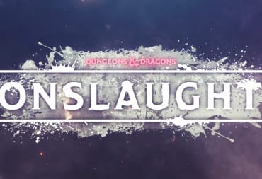 The logo for D&D Onslaught on a violet background