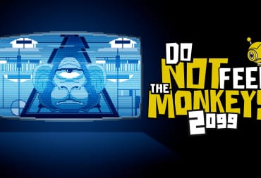Key art for Do Not Feed the Monkeys 2099, which depicts a pixelated cyclops monkey on a TV next to a stylised logo for the game