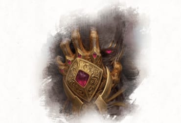 The archlich Vecna, his gilded hand covering his face with his left eye visible