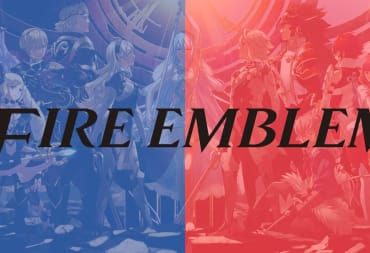 The Fire Emblem logo layered over a shot of the cast of Fire Emblem: Fates, with a blue and red color filter applied