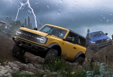 Cars dramatically framed against lightning in Forza Horizon 5