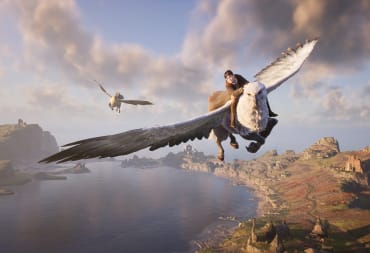 The player riding a Hippogriff in Hogwarts Legacy