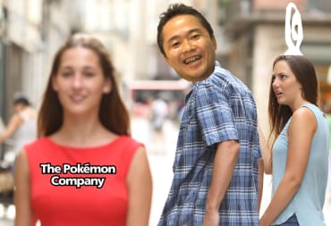 A Photoshopped version of the Distracted Boyfriend meme featuring Junichi Masuda, the Pokemon Company logo, and the Game Freak logo