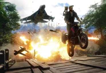 Rico riding away from an explosion in Just Cause 4