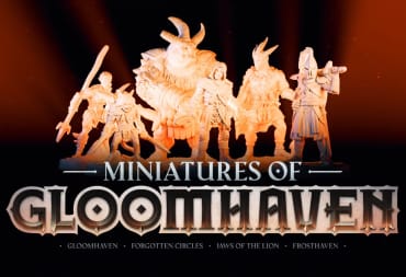 A handful of miniatures with the title Miniatures of Gloomhaven in front of them
