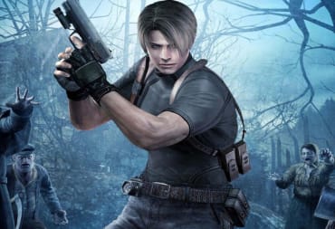 Leon from Resident Evil 4 standing near zombies.