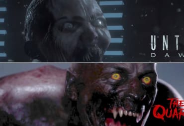 An image horizontally divided, with a screenshot from Until Dawn of Hannah as a wendigo on top and a screenshot from The Quarry of Max as a werewolf below, The Quarry’s Creatures
