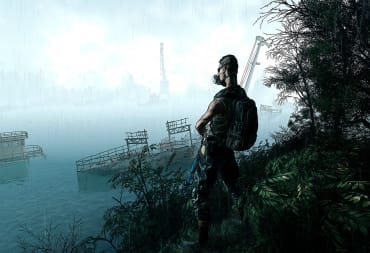 A character overlooking some shipwrecks in Chernobylite