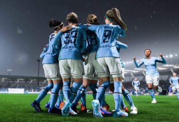 A women's soccer team embracing in FIFA 23