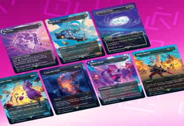 A handful of Fortnite Themed Magic cards on a purple background