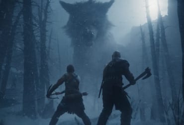 Kratos and Atreus facing off against a wolf in God of War Ragnarok