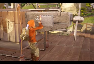 Screenshot of Shane using his stapler to weld a piece of metal to the chapter 2 plane in Hazel Sky