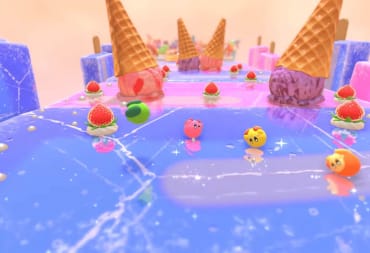 Kirby rolling through a course in Kirby's Dream Buffet