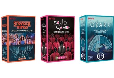 Three different board game boxes showing artwork from Stranger Things, Squid Game, and Ozark
