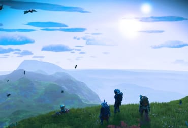 Characters looking out over a beautiful planetary vista in No Man's Sky
