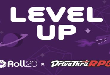 The Roll20 and DrivethruRPG logo with the phrase Level Up on a purple background