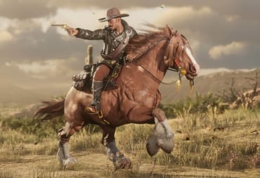 A player character riding on a horse and shooting in Red Dead Online