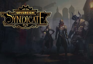 Sovereign Syndicate key art showing several characters dressed in mid 1800s attire with a title to the left