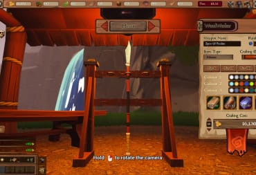 Screenshot from A Hero's Rest, where we see a magnificent weapon displayed within one of the shops, and showing off its different attributes in a menu on the right hand side. 