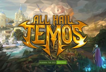 All Hail Temos Header image that shows the title of the game in bright golden letters across the center of the screen, with a character of the game standing off to the right hand side looking off into the fantasy world that is the game. 