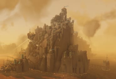 A massive, imposing cityscape with blimps flying around it in Bulwark: Falconeer Chronicles